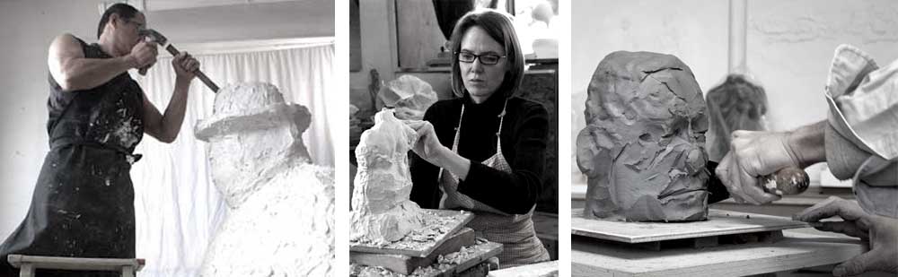 Professional Vancouver sculptors Geemon Xin Meng and Ellen Scobie at work on sculptures in studio.